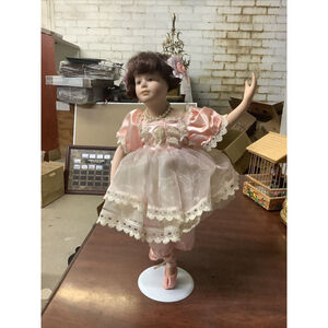 Porcelain Ballet Figure 14" Ballerina Doll in White Dress & Shoes Handmade Stand